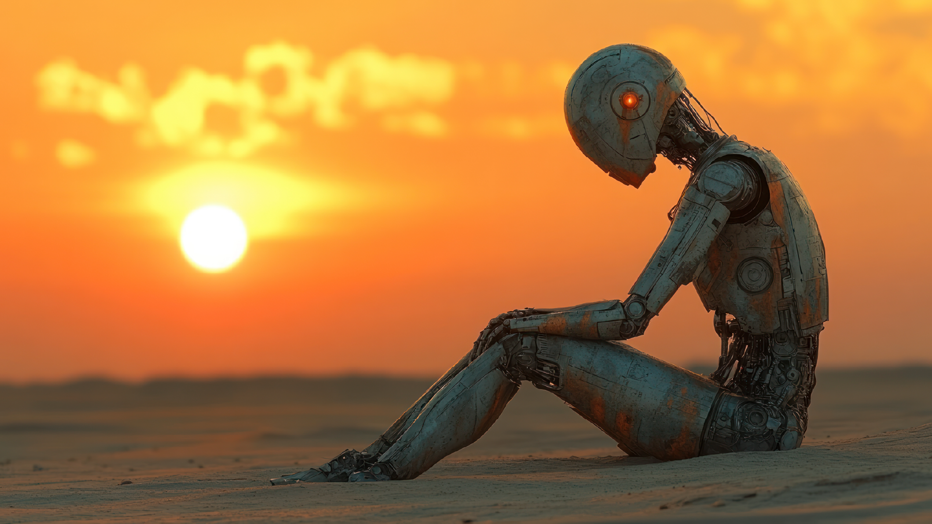 Robot assis seul dans un désert au coucher de soleil – métaphore visuelle du silence radio et de la solitude émotionnelle