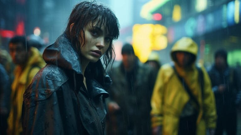 Femme en détresse sous la pluie, symbolisant une rupture amoureuse douloureuse