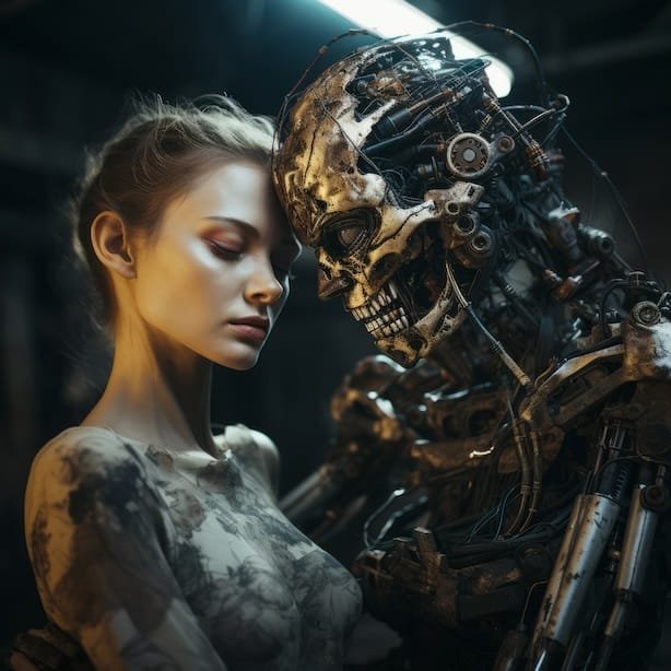 Femme en détresse face à un robot menaçant, illustrant la manipulation en amour et l'emprise psychologique.