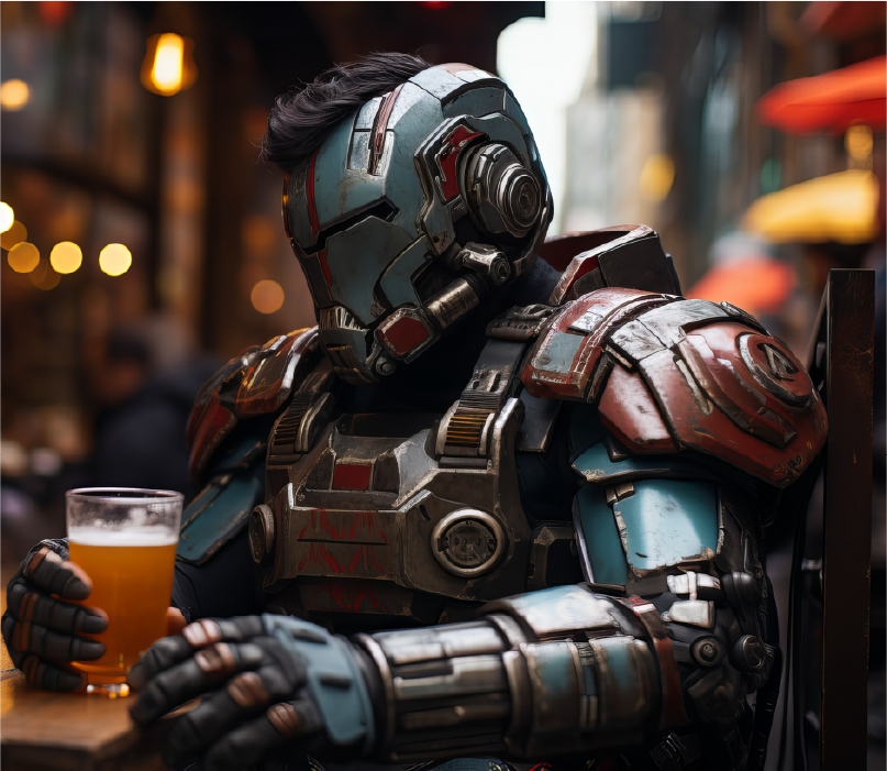 Un homme en armure cyberpunk tenant une bière dans un bar, illustrant les risques pour la santé liés à la consommation d’alcool après une rupture amoureuse