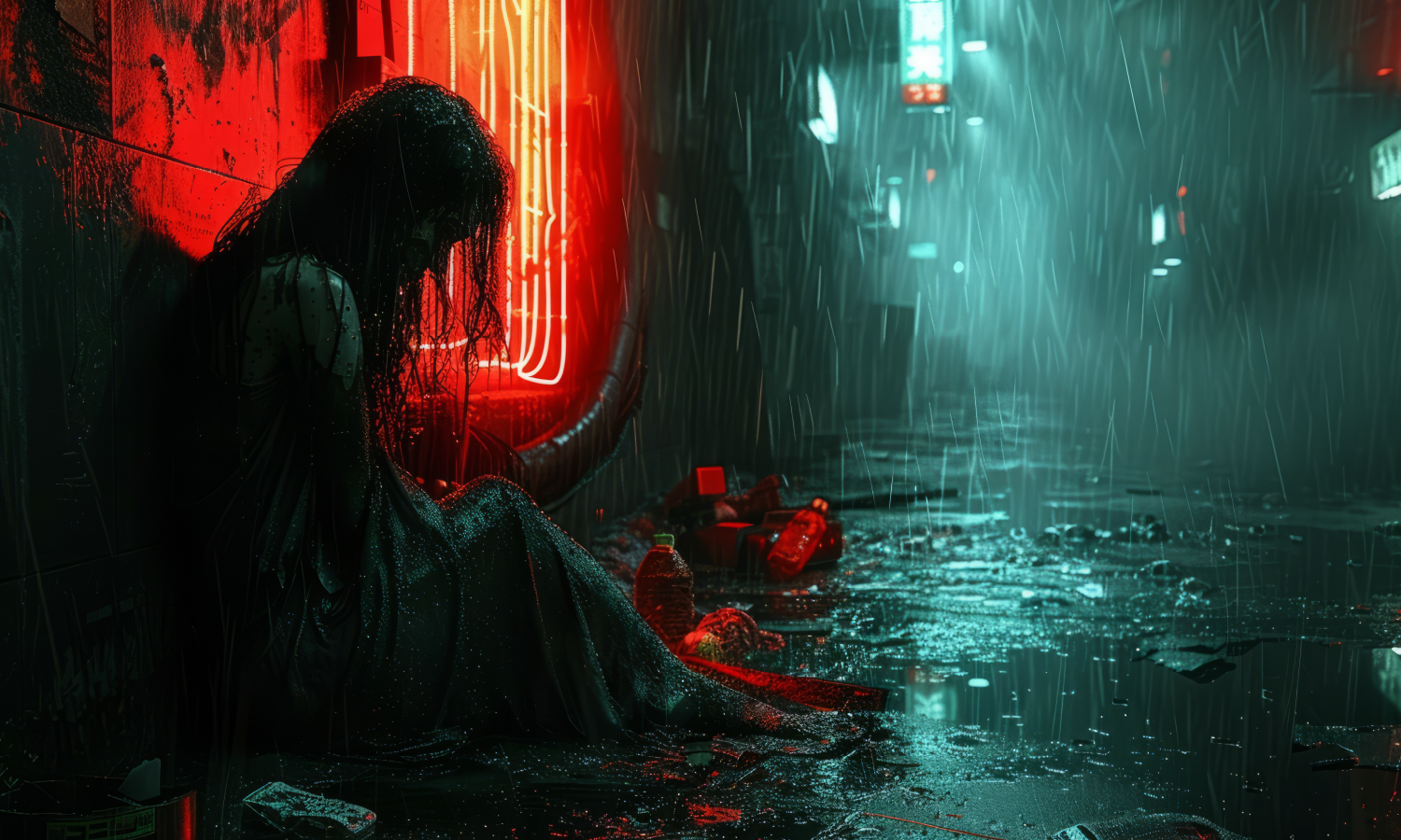 Femme cyberpunk recroquevillée dans un espace froid, métaphore visuelle des effets physiques et mentaux d’une rupture amoureuse