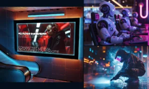 Illustration cyberpunk d’un individu en détresse au travail après une rupture amoureuse