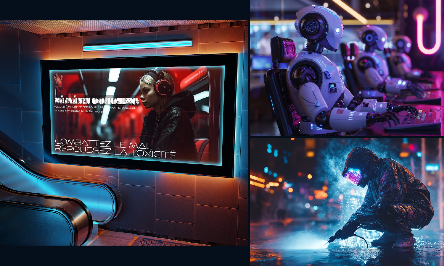 Illustration cyberpunk d’un individu en détresse au travail après une rupture amoureuse