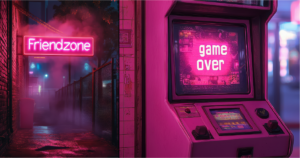 Illustration de la friendzone avec un panneau lumineux et une borne d’arcade « game over », symbolisant l’échec amoureux