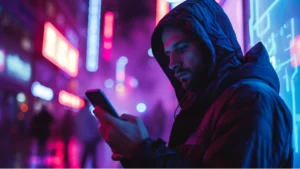 Homme seul dans une ruelle néon, absorbé par son téléphone – illustration du comportement needy en amour