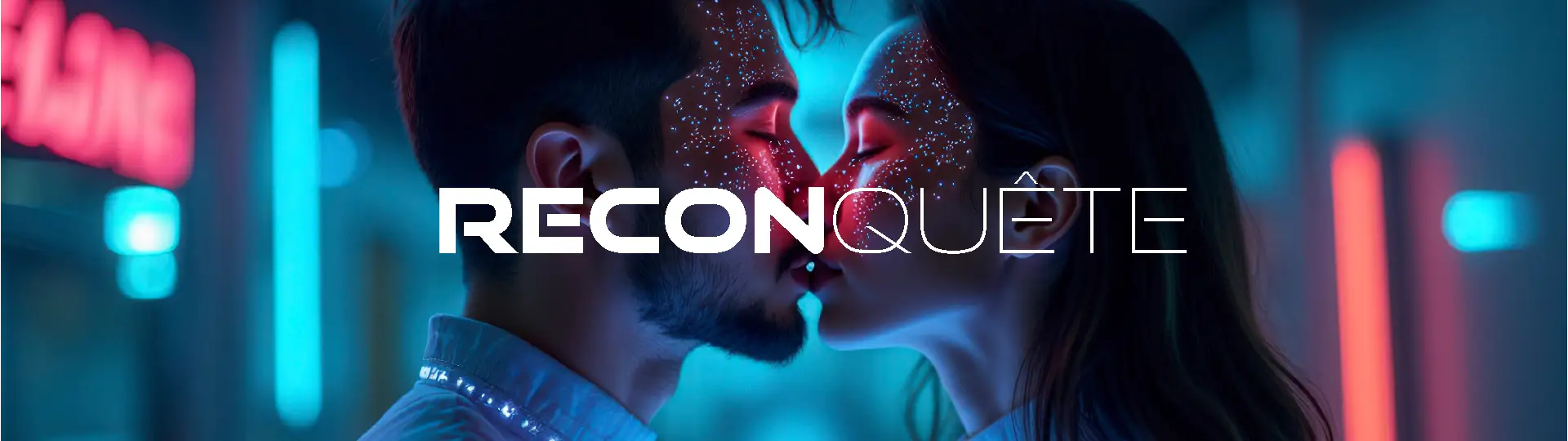 Illustration cyberpunk d’un couple s’embrassant dans un univers lumineux, symbole de reconquête amoureuse après une rupture