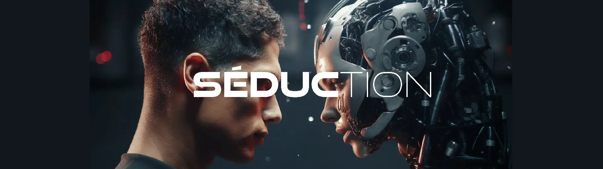Illustration cyberpunk d’un face-à-face entre un homme et un androïde féminin, symbolisant la tension affective et les mécanismes de la séduction moderne.