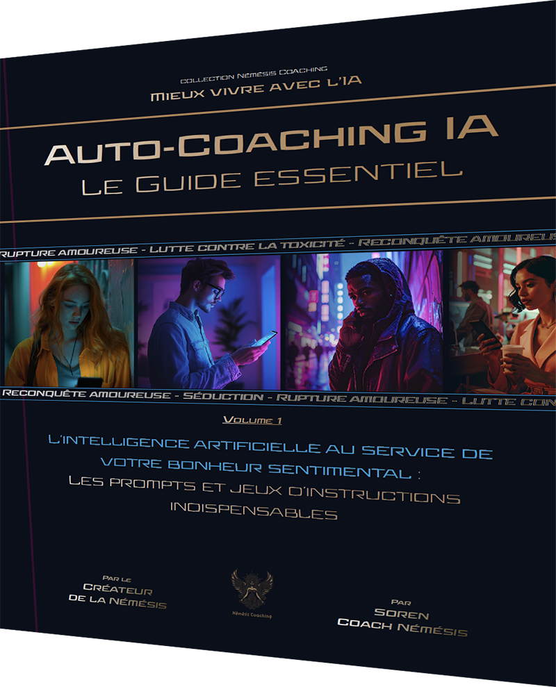 Couverture du guide Némésis Coaching : Auto-Coaching IA – Volume 1 – L’intelligence artificielle au service des douleurs sentimentales